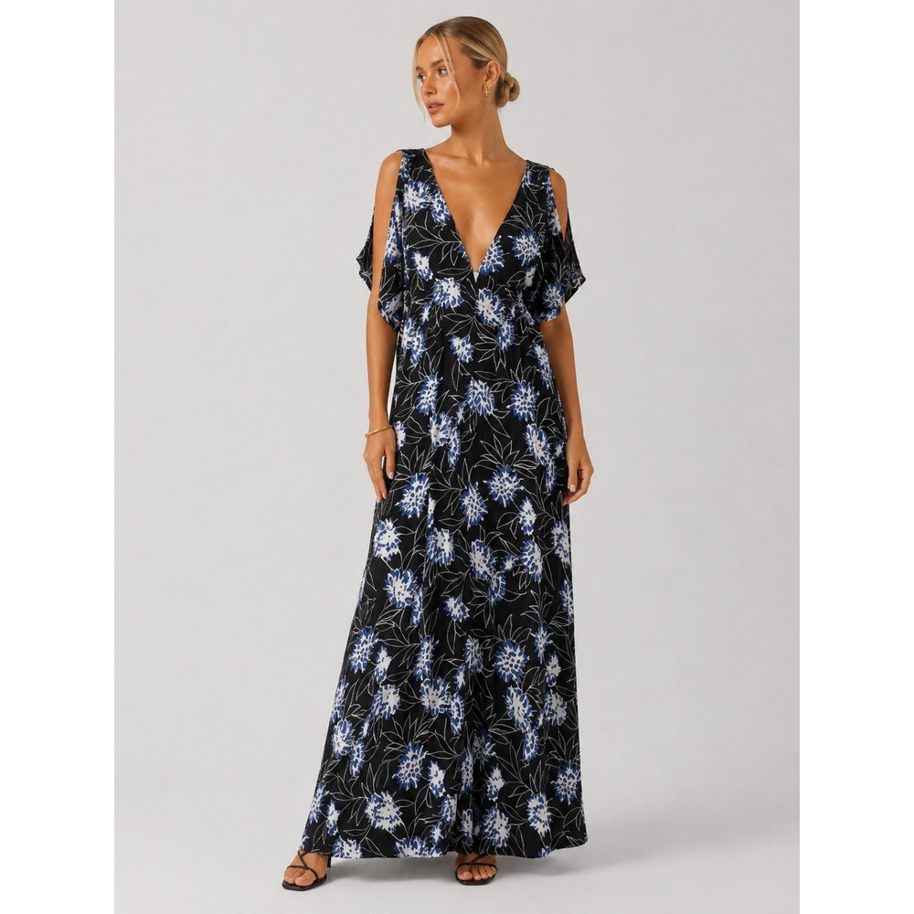 Thakoon‎ Collective Floral Resort Costal Maxi Dress Black Blue White 6 S